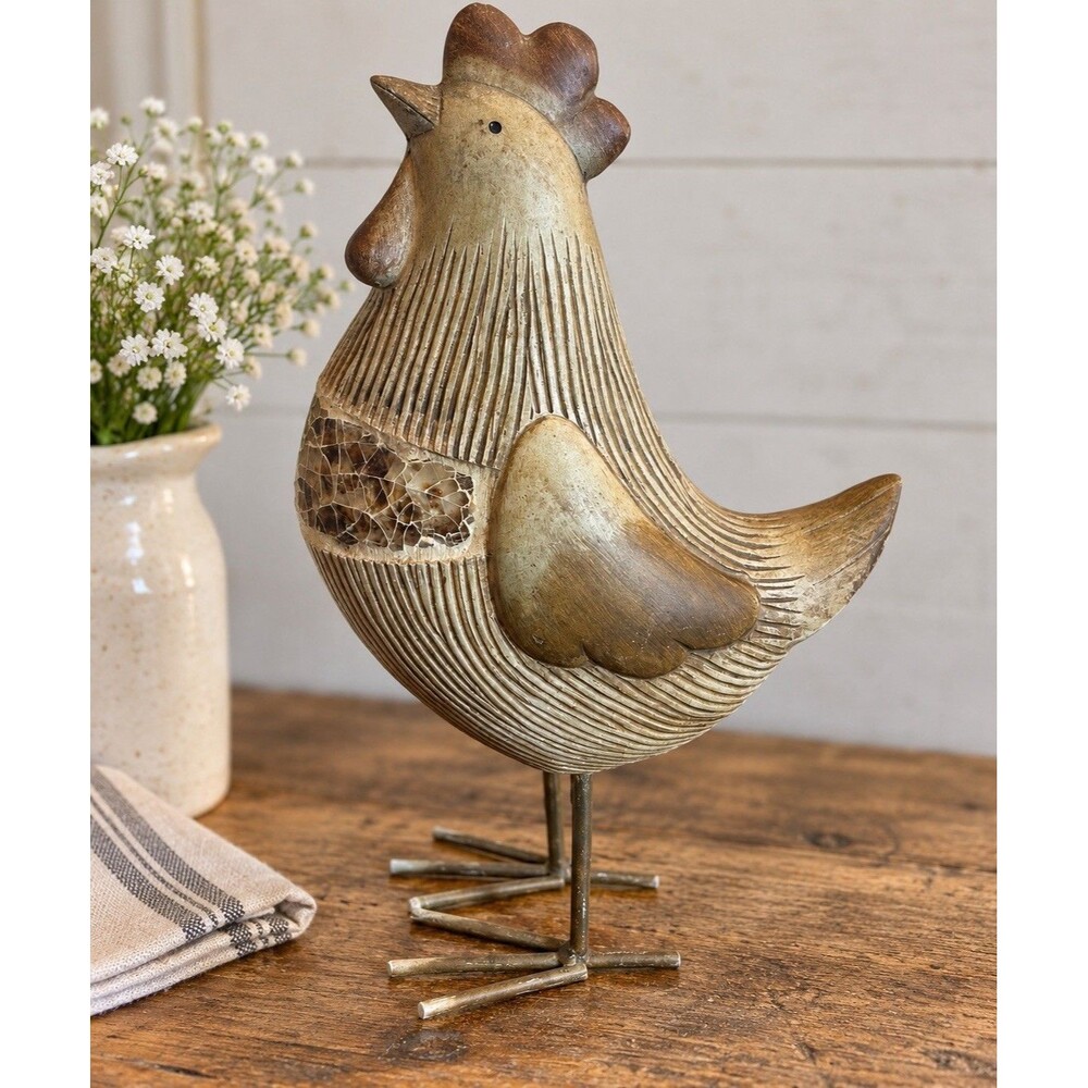 Rustic Farmhouse Rooster Chicken Figurine Mosaic Accent Metal Legs Country Decor